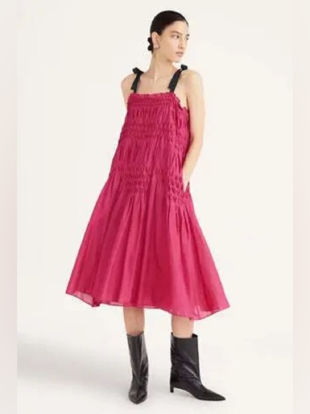 MERLETTE $495 • 17” Pit to Pit • Mabel Smocked Midi Dress Black Tie Straps NEW